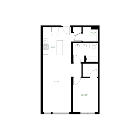 Floor plan for 1 bed, 1 bath, 799 sqft